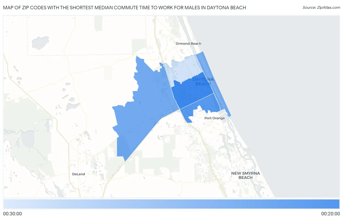 Zip Codes with the Shortest Median Commute Time to Work for Males in Daytona Beach Map