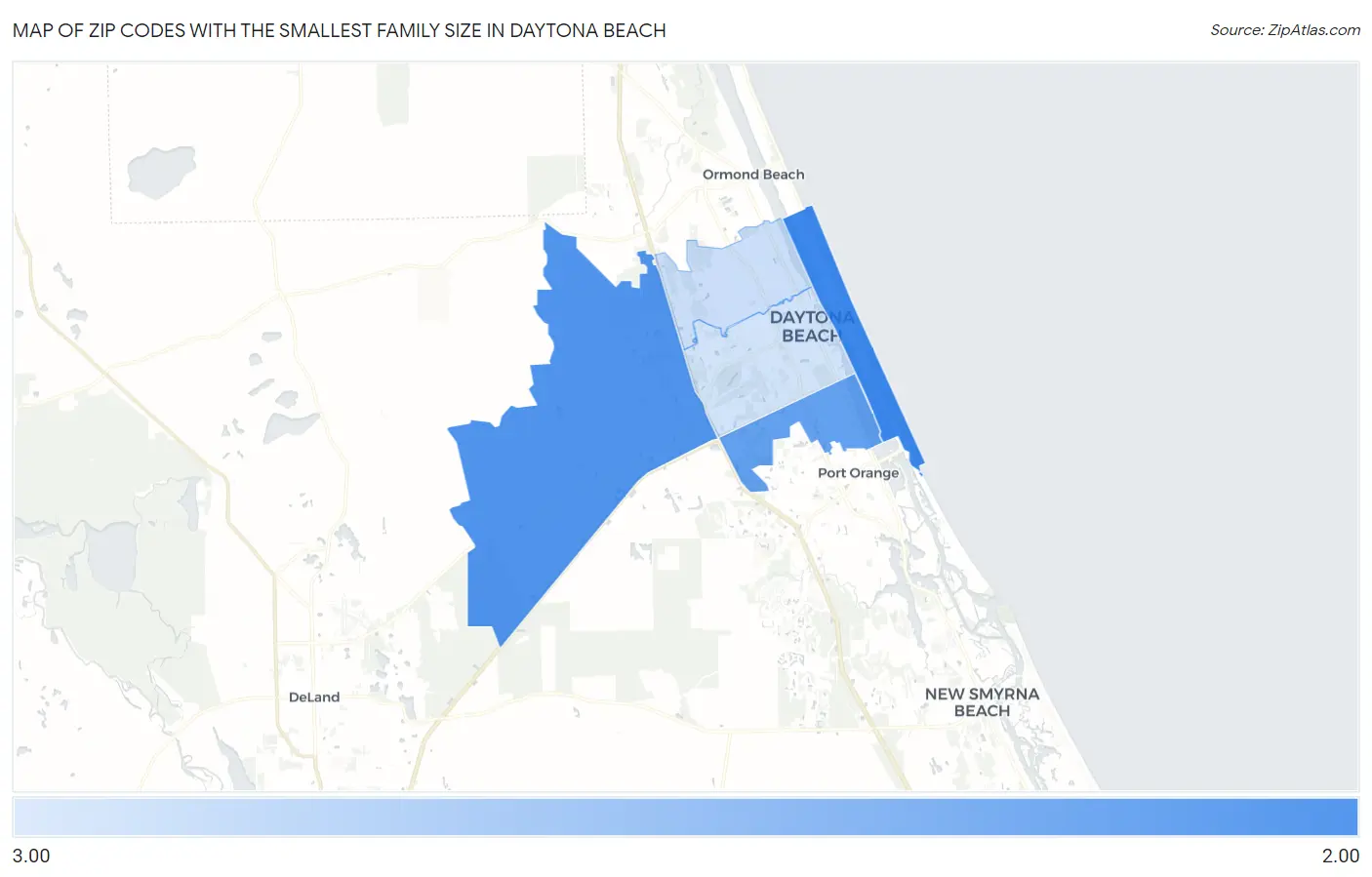 Zip Codes with the Smallest Family Size in Daytona Beach Map