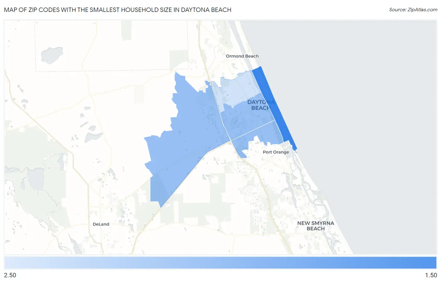Zip Codes with the Smallest Household Size in Daytona Beach Map