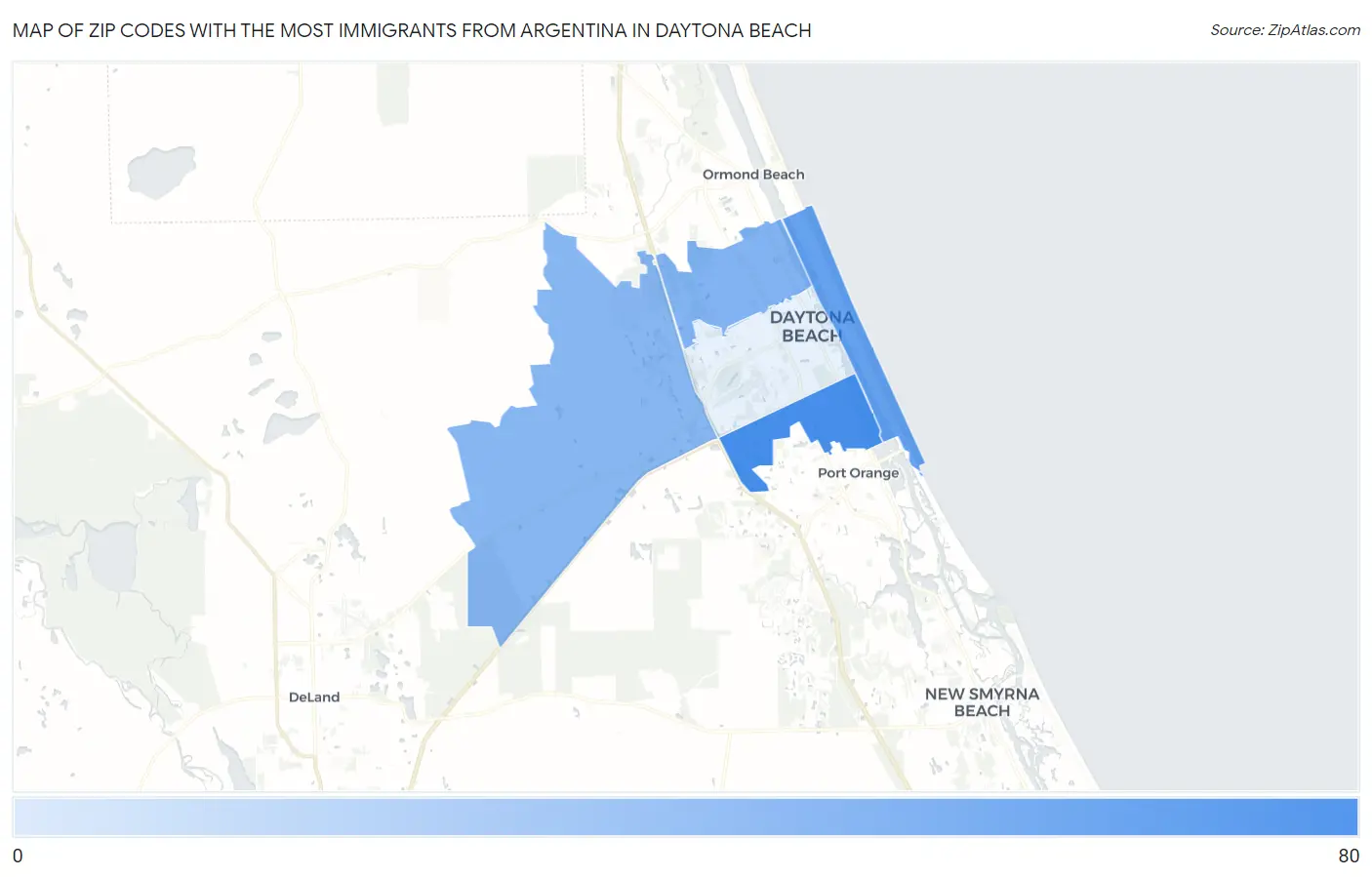Zip Codes with the Most Immigrants from Argentina in Daytona Beach Map