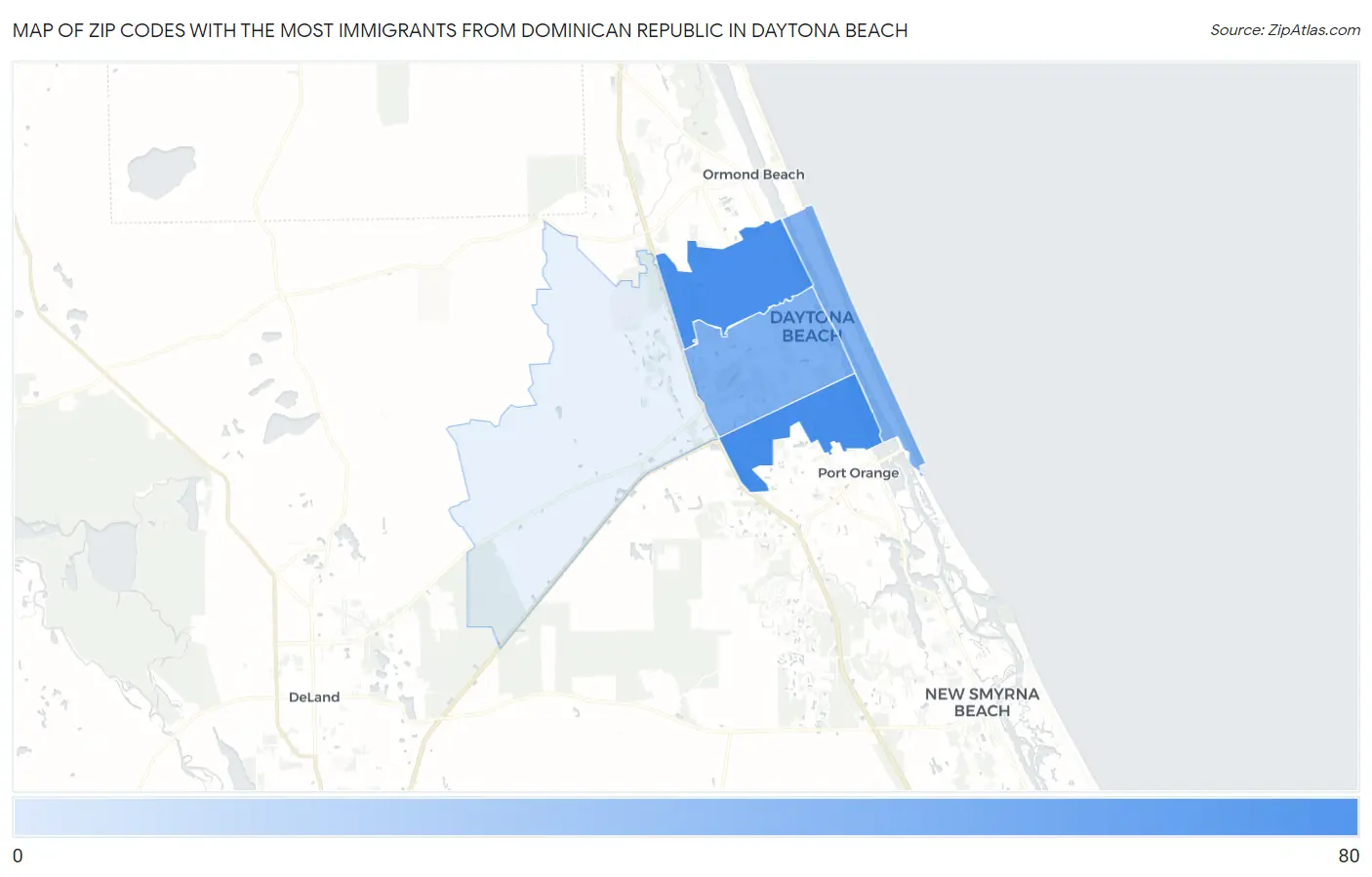 Zip Codes with the Most Immigrants from Dominican Republic in Daytona Beach Map