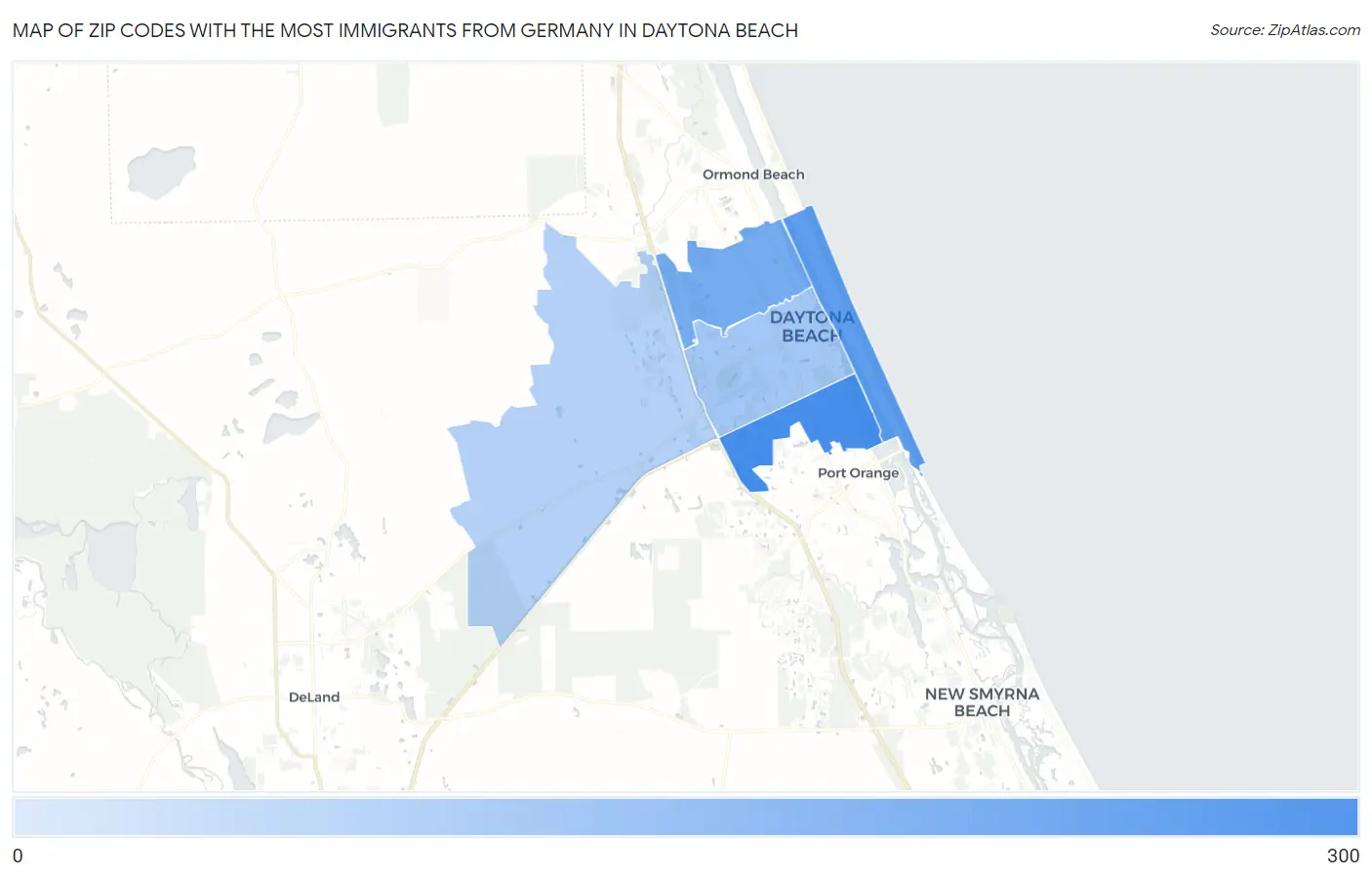 Zip Codes with the Most Immigrants from Germany in Daytona Beach Map