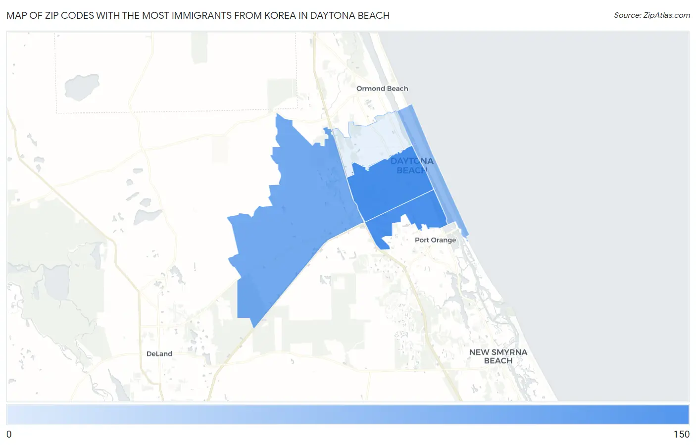 Zip Codes with the Most Immigrants from Korea in Daytona Beach Map