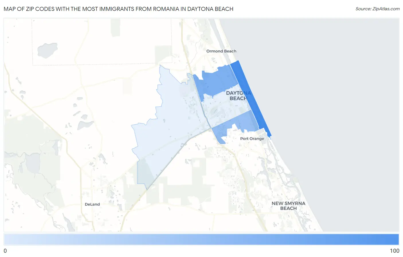 Zip Codes with the Most Immigrants from Romania in Daytona Beach Map