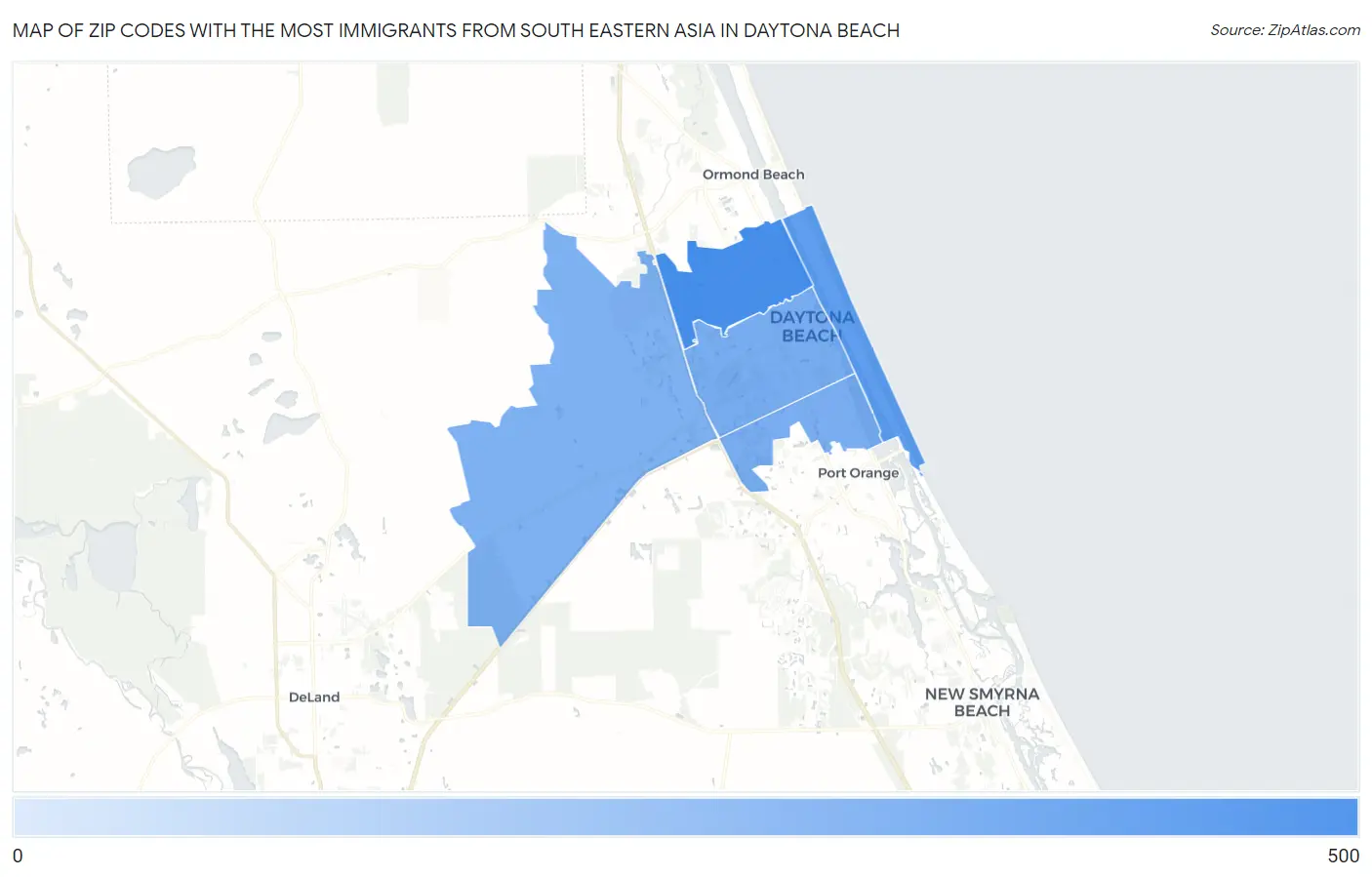 Zip Codes with the Most Immigrants from South Eastern Asia in Daytona Beach Map