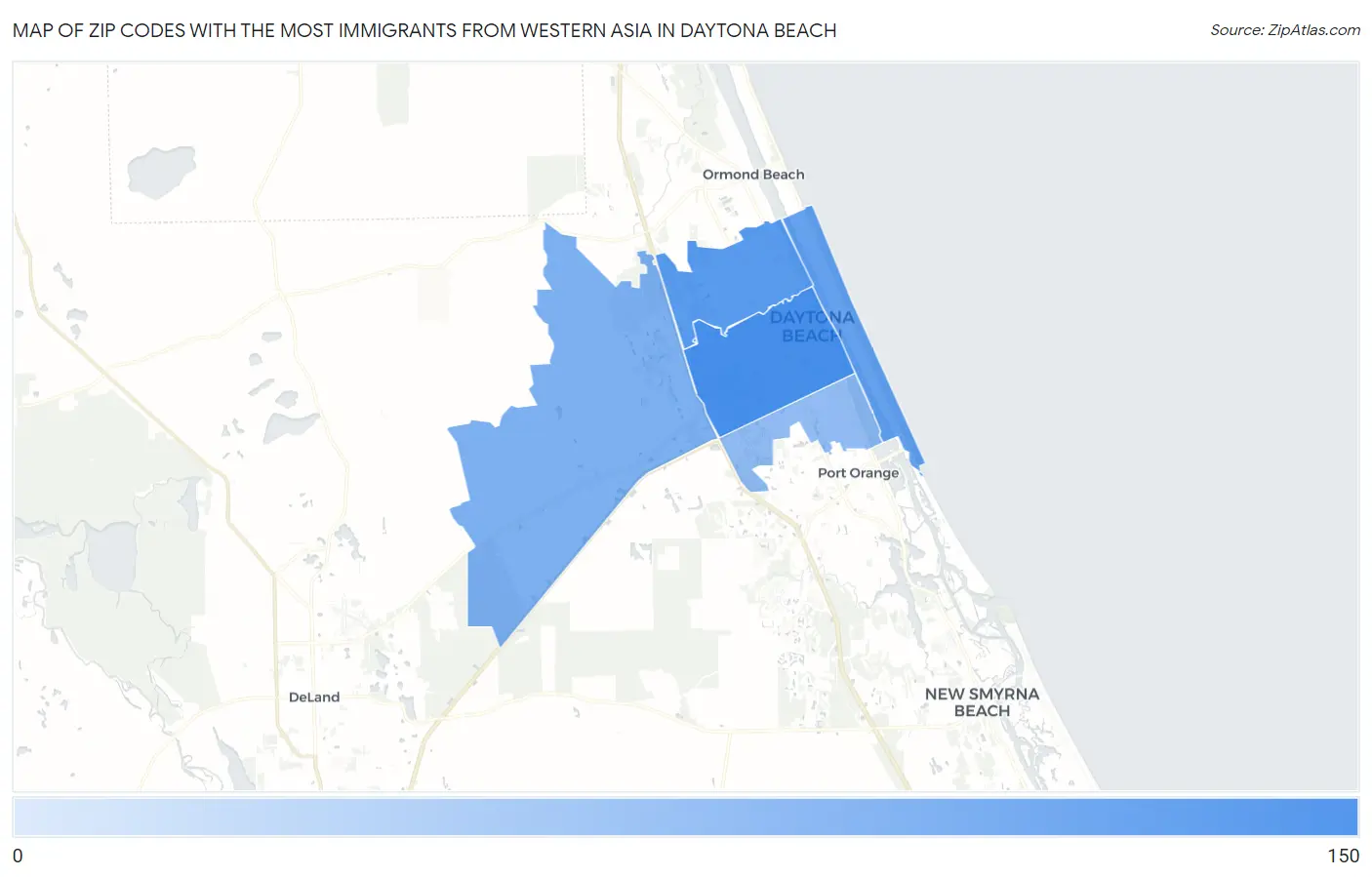Zip Codes with the Most Immigrants from Western Asia in Daytona Beach Map