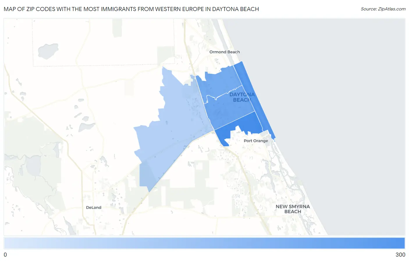 Zip Codes with the Most Immigrants from Western Europe in Daytona Beach Map