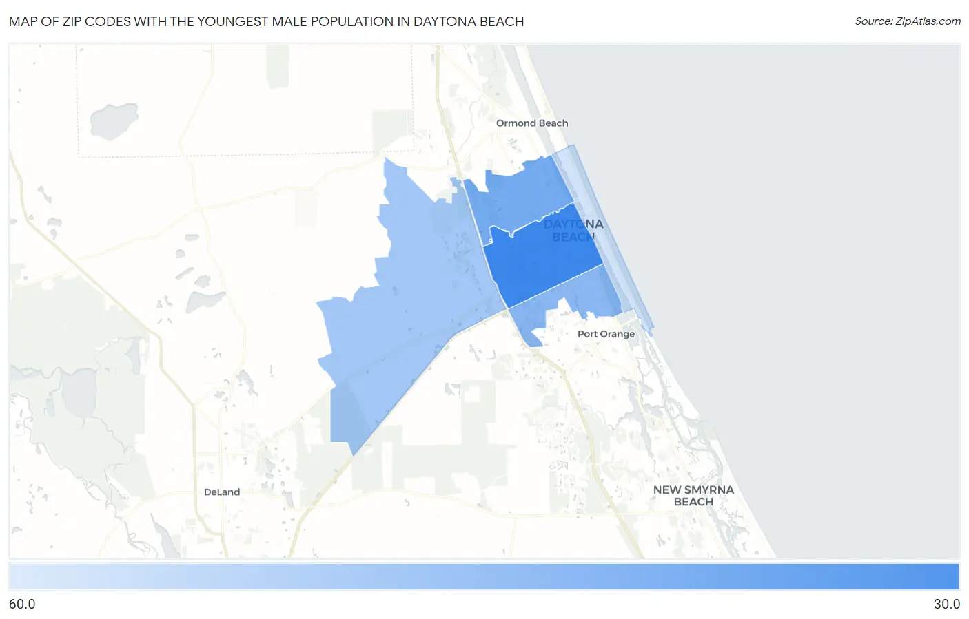 Zip Codes with the Youngest Male Population in Daytona Beach Map