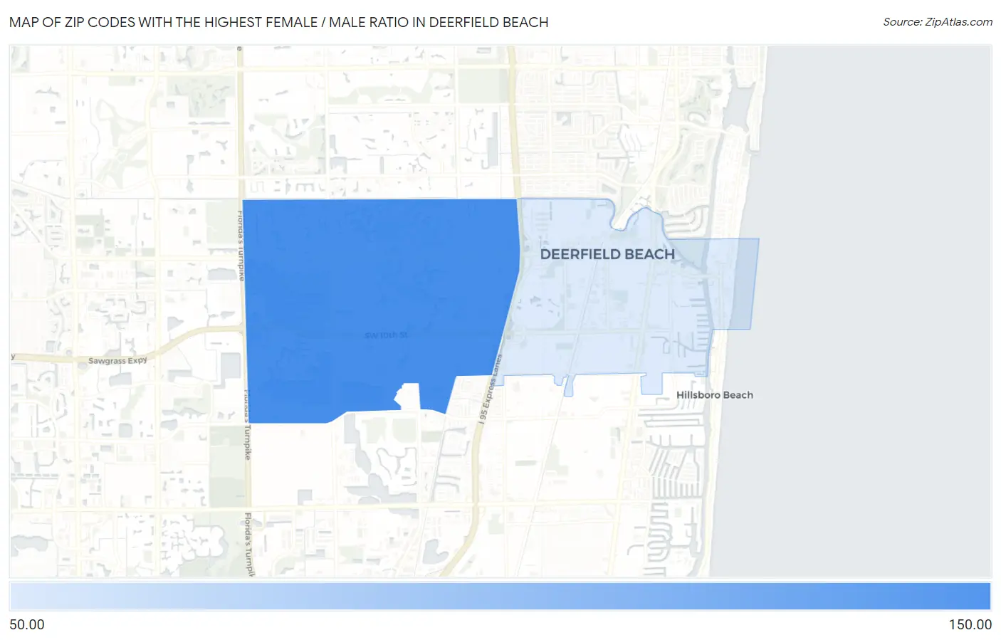 Zip Codes with the Highest Female / Male Ratio in Deerfield Beach Map