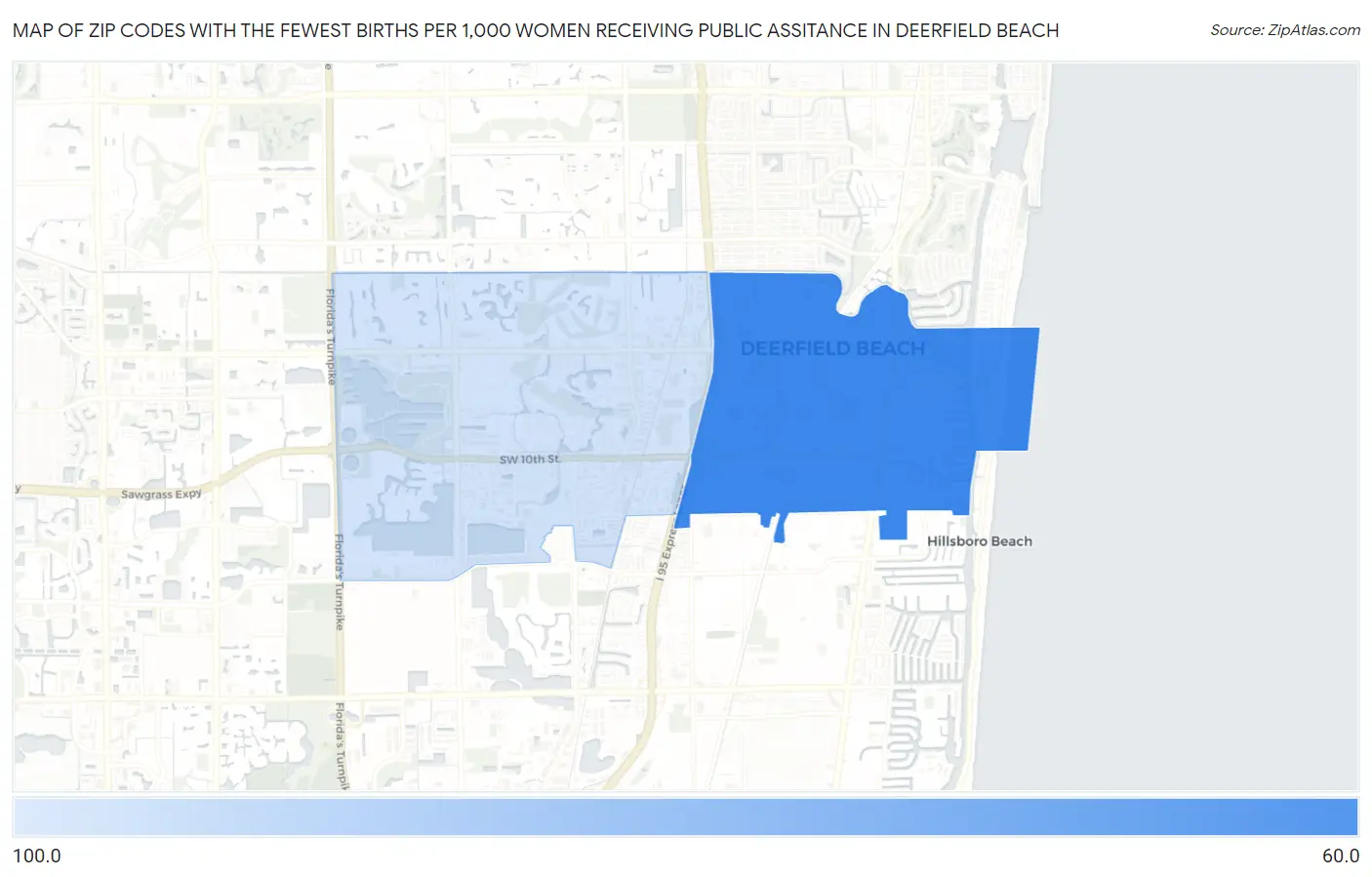 Zip Codes with the Fewest Births per 1,000 Women Receiving Public Assitance in Deerfield Beach Map
