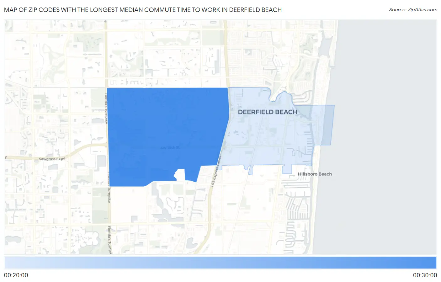 Zip Codes with the Longest Median Commute Time to Work in Deerfield Beach Map
