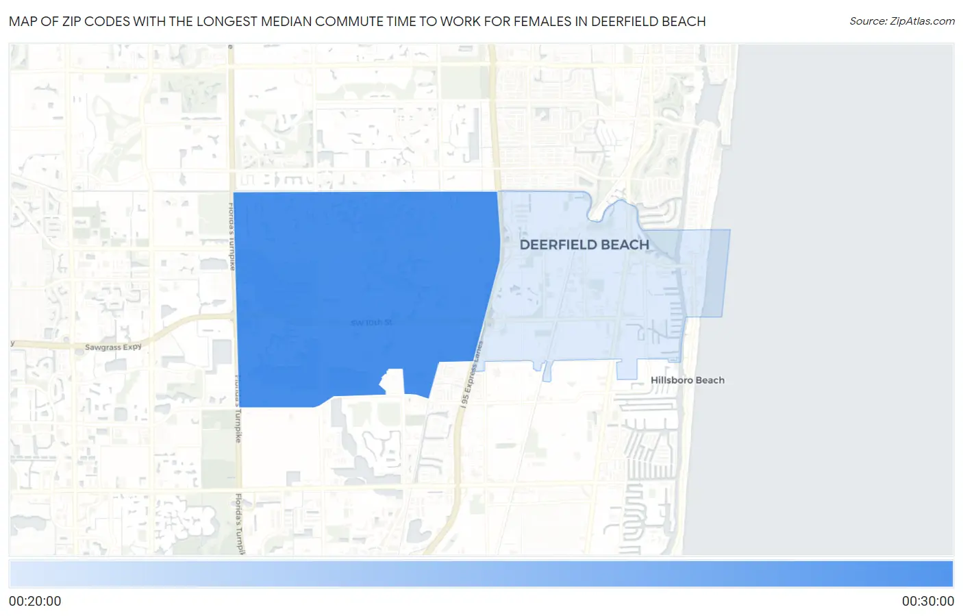 Zip Codes with the Longest Median Commute Time to Work for Females in Deerfield Beach Map