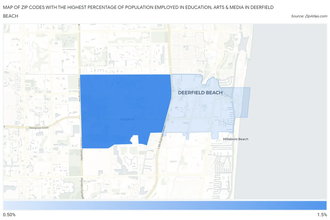 Zip Codes with the Highest Percentage of Population Employed in Education, Arts & Media in Deerfield Beach Map