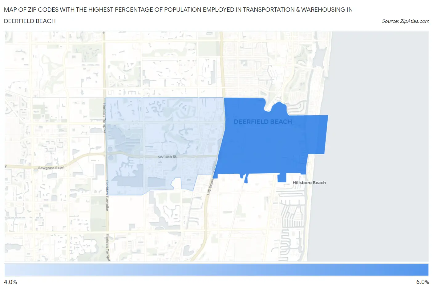 Zip Codes with the Highest Percentage of Population Employed in Transportation & Warehousing in Deerfield Beach Map