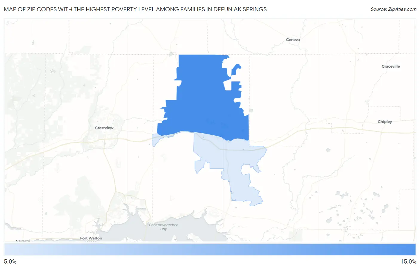 Zip Codes with the Highest Poverty Level Among Families in Defuniak Springs Map