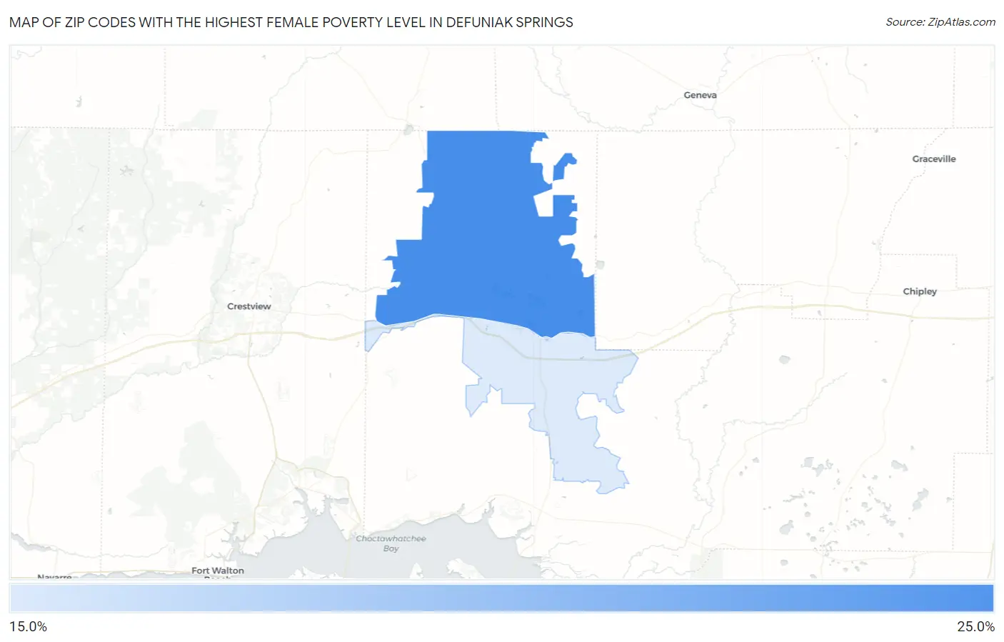 Zip Codes with the Highest Female Poverty Level in Defuniak Springs Map