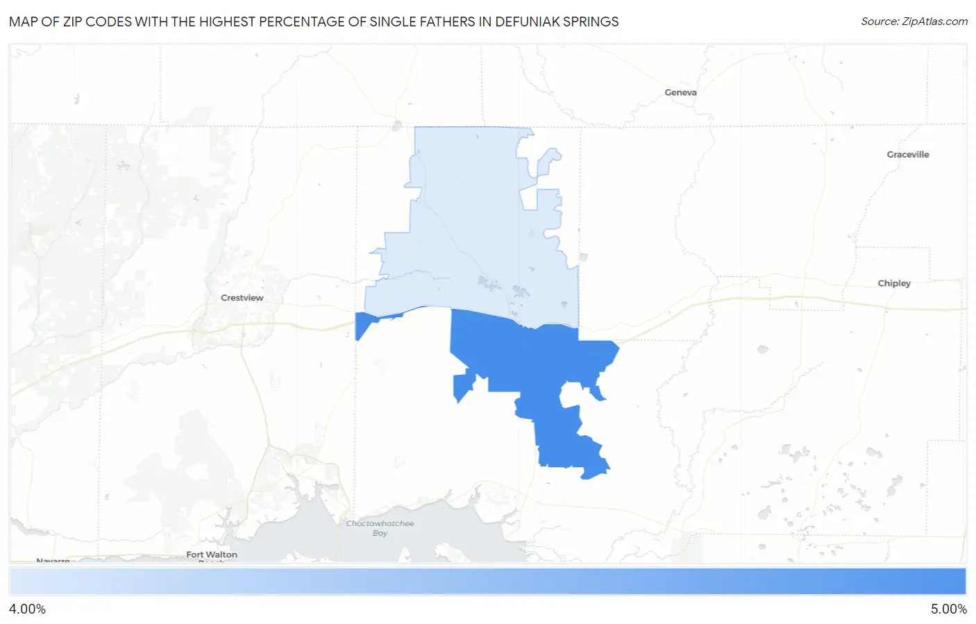 Zip Codes with the Highest Percentage of Single Fathers in Defuniak Springs Map