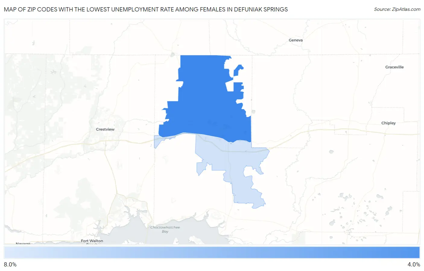 Zip Codes with the Lowest Unemployment Rate Among Females in Defuniak Springs Map