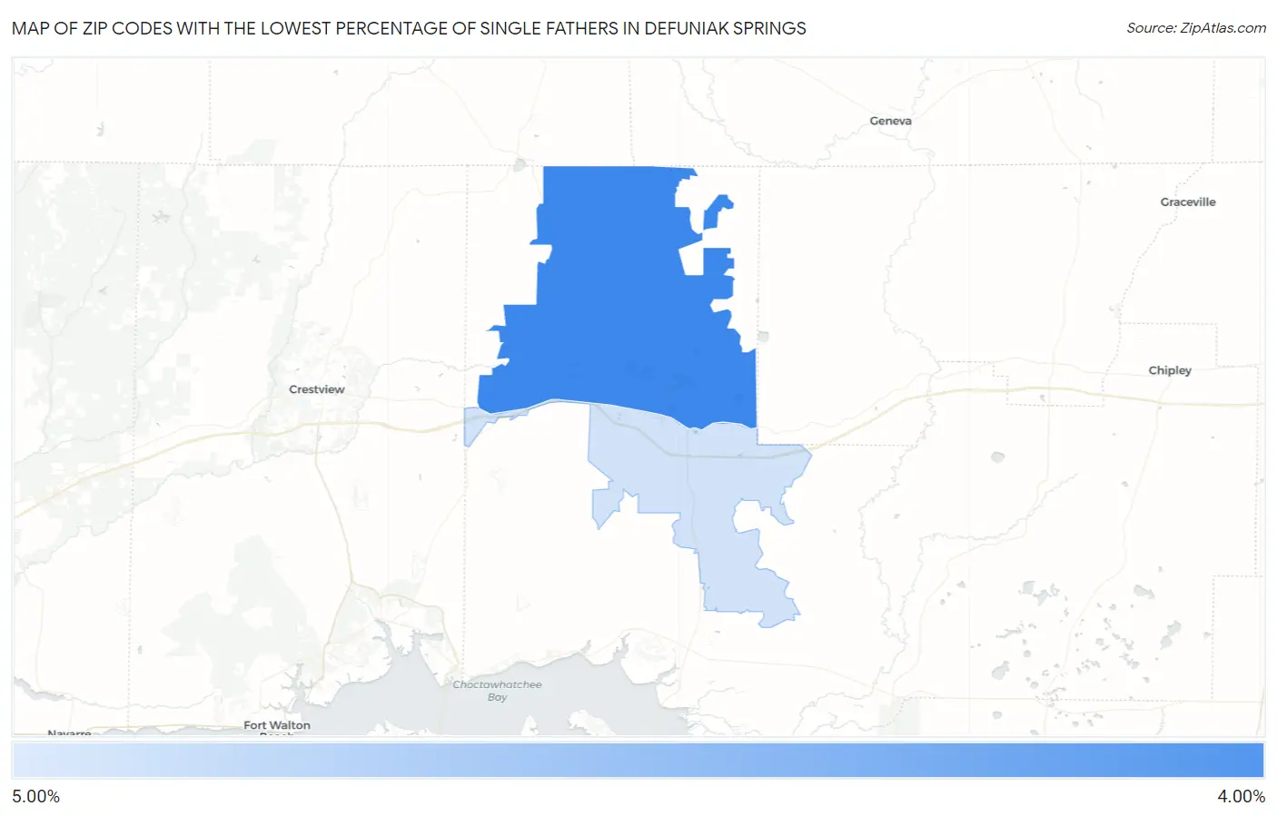 Zip Codes with the Lowest Percentage of Single Fathers in Defuniak Springs Map