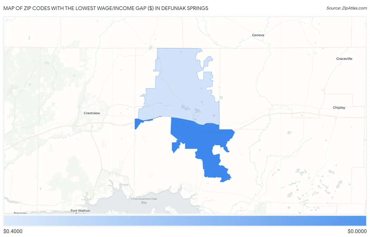 Zip Codes with the Lowest Wage/Income Gap ($) in Defuniak Springs Map