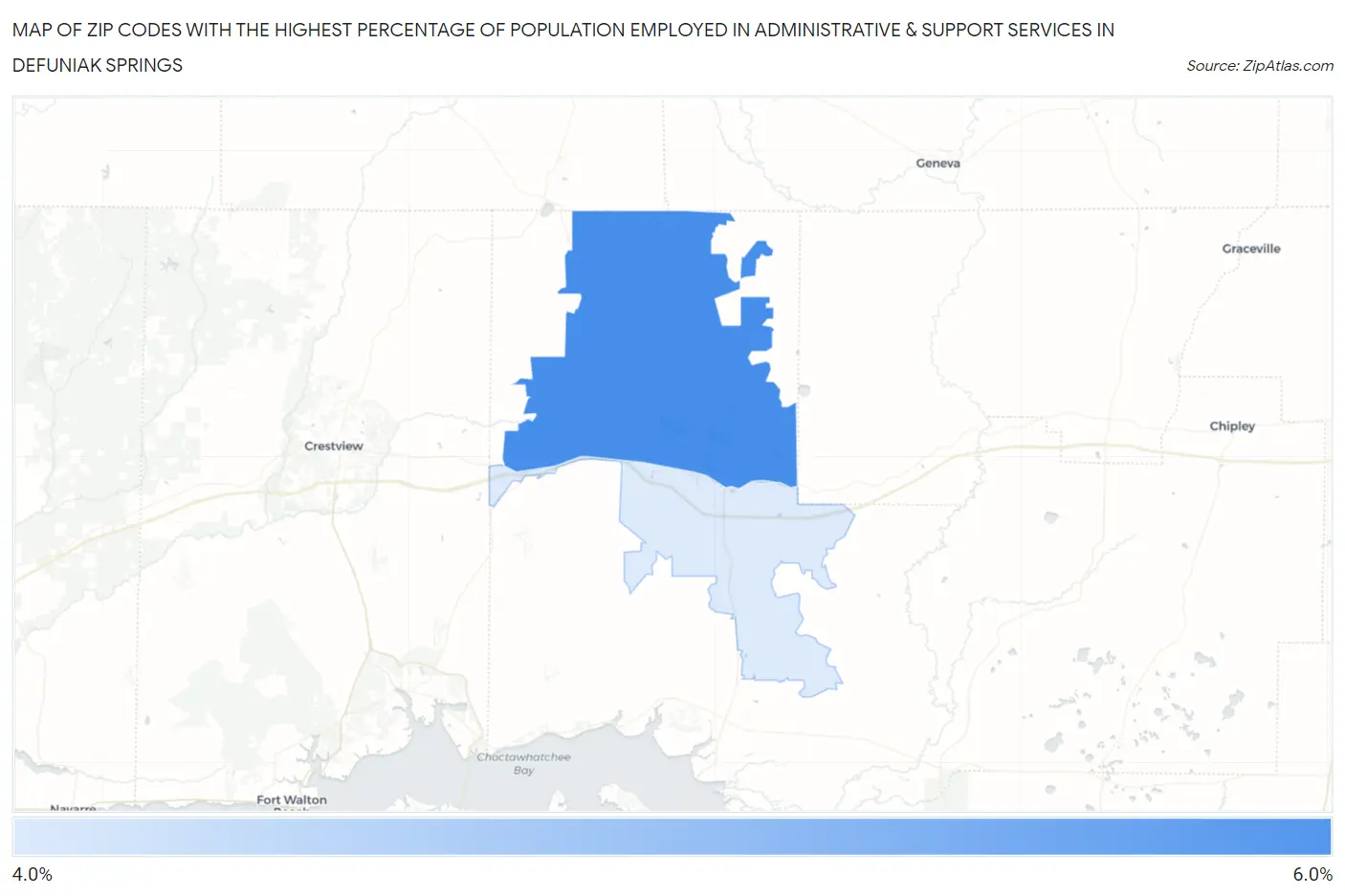 Zip Codes with the Highest Percentage of Population Employed in Administrative & Support Services in Defuniak Springs Map