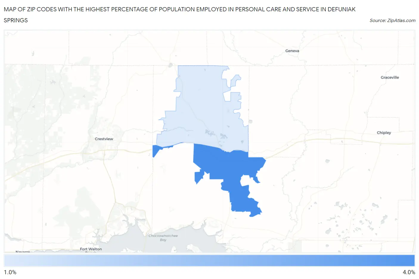 Zip Codes with the Highest Percentage of Population Employed in Personal Care and Service in Defuniak Springs Map