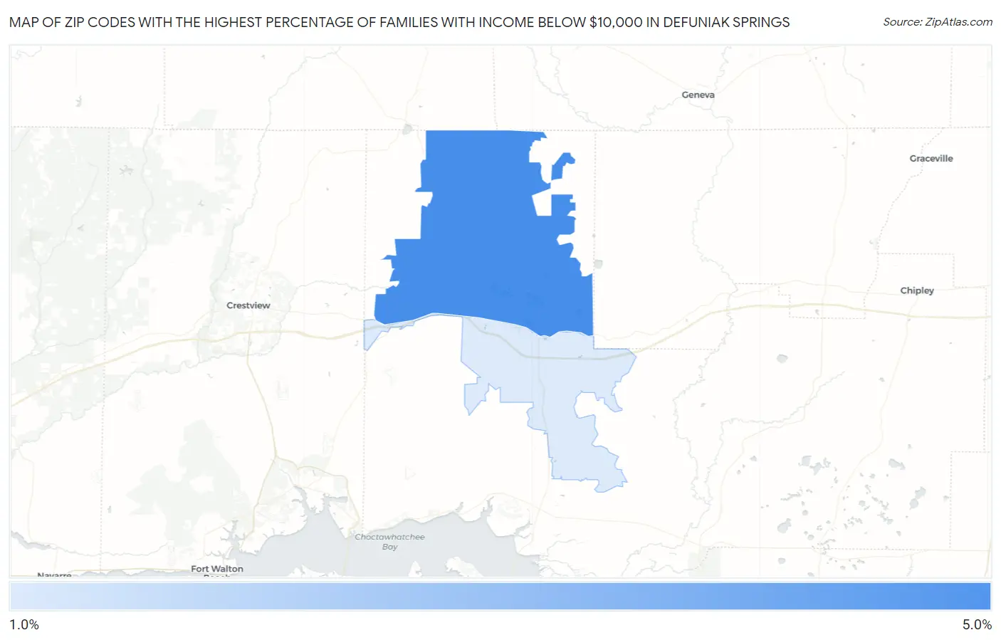 Zip Codes with the Highest Percentage of Families with Income Below $10,000 in Defuniak Springs Map