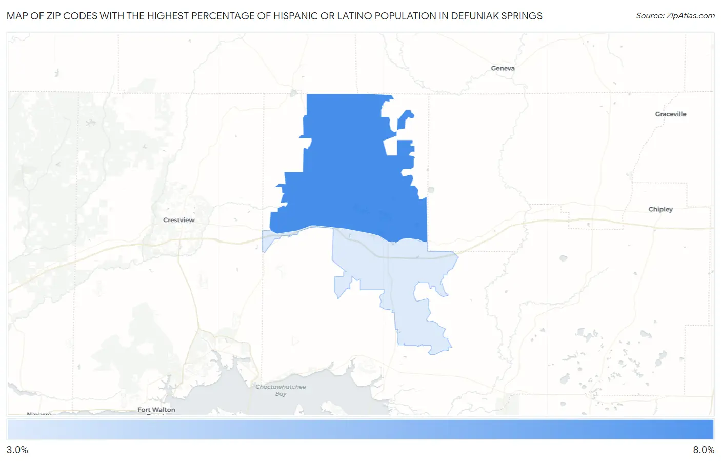Zip Codes with the Highest Percentage of Hispanic or Latino Population in Defuniak Springs Map