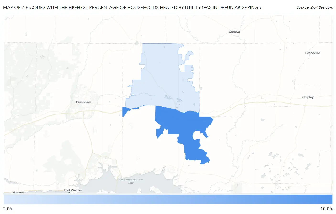 Zip Codes with the Highest Percentage of Households Heated by Utility Gas in Defuniak Springs Map