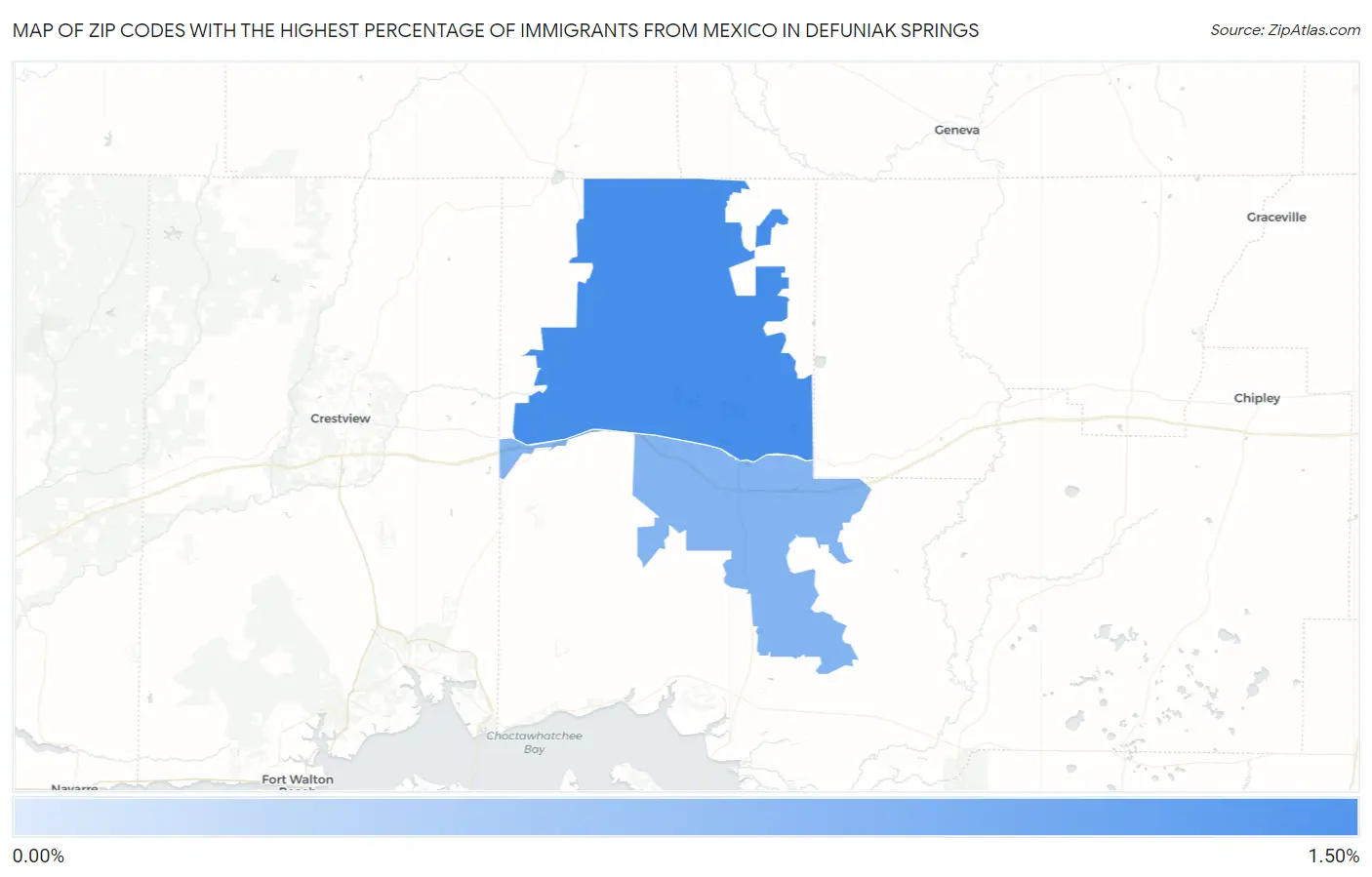 Zip Codes with the Highest Percentage of Immigrants from Mexico in Defuniak Springs Map