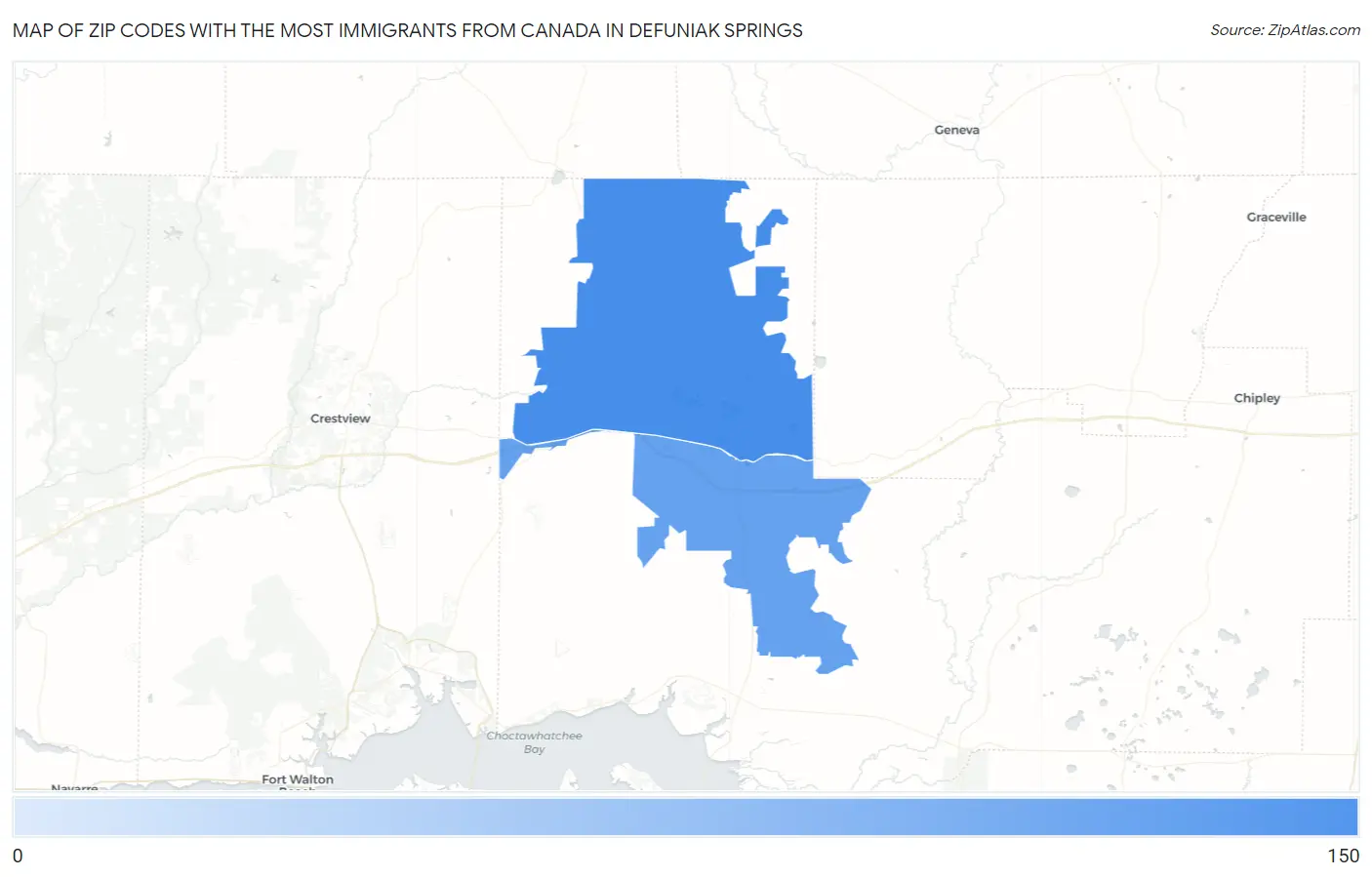 Zip Codes with the Most Immigrants from Canada in Defuniak Springs Map
