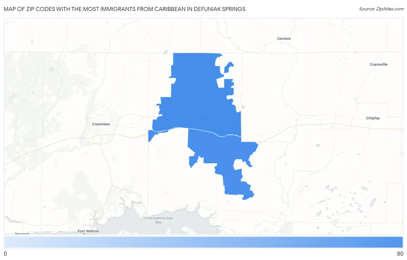 Zip Codes with the Most Immigrants from Caribbean in Defuniak Springs Map