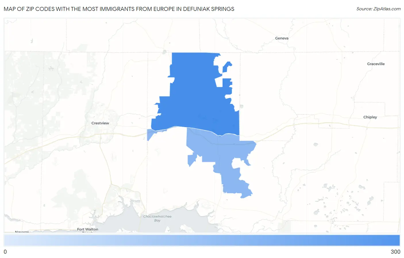Zip Codes with the Most Immigrants from Europe in Defuniak Springs Map