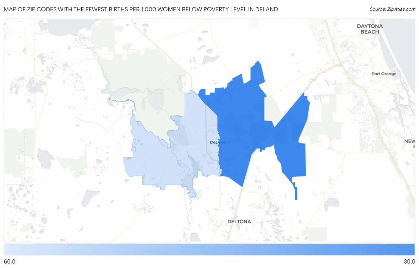 Zip Codes with the Fewest Births per 1,000 Women Below Poverty Level in Deland Map