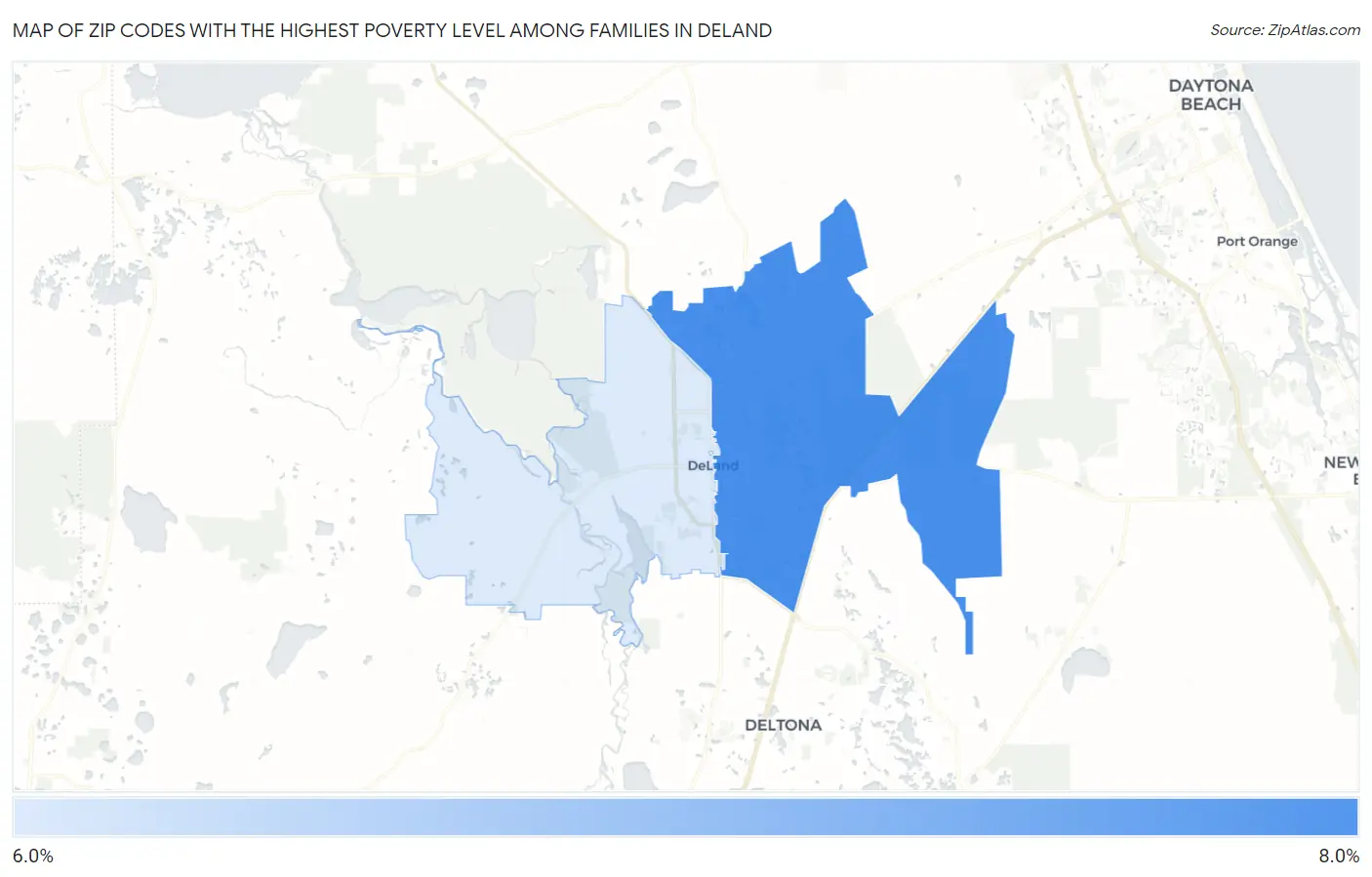 Zip Codes with the Highest Poverty Level Among Families in Deland Map