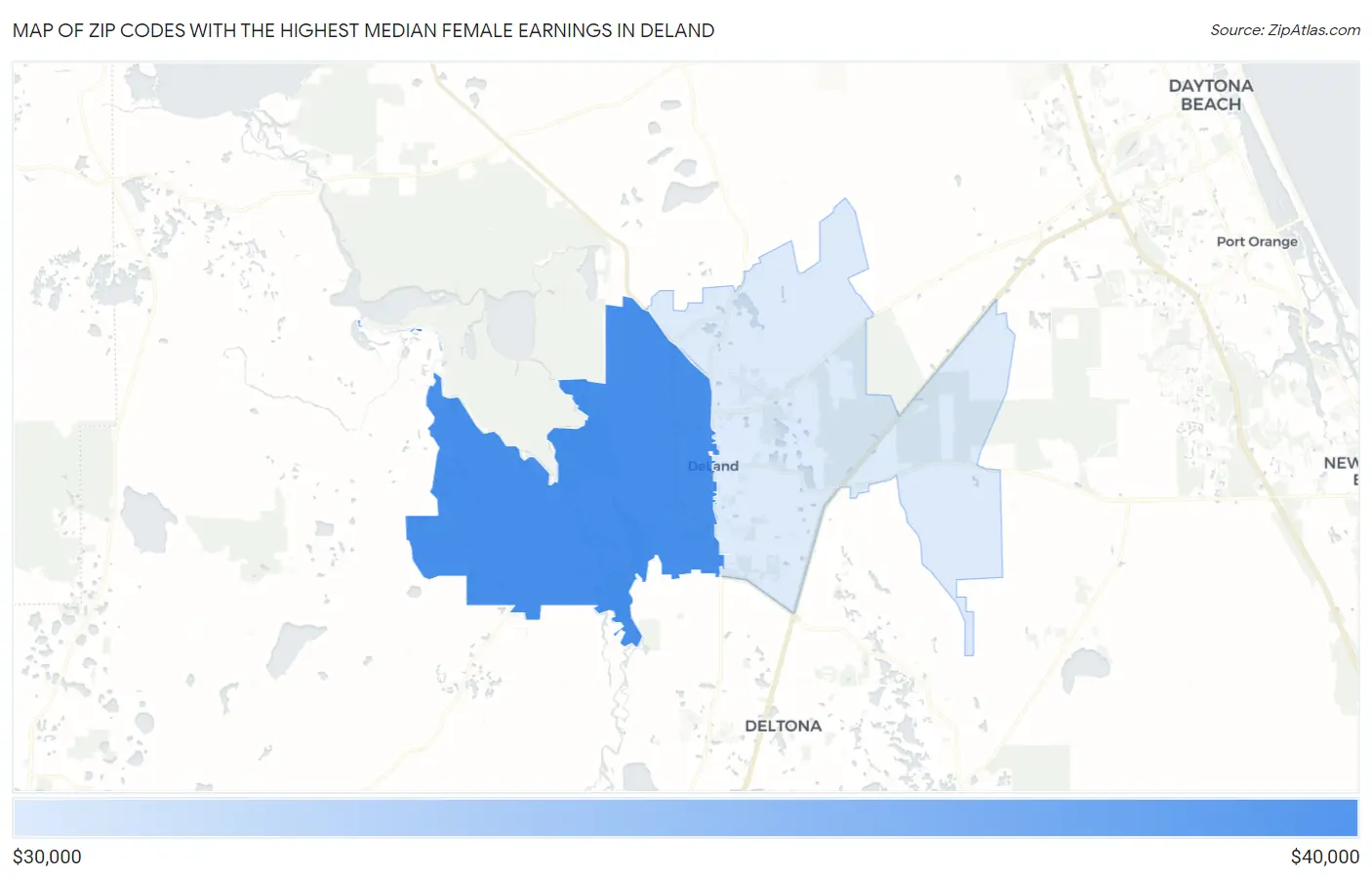 Zip Codes with the Highest Median Female Earnings in Deland Map