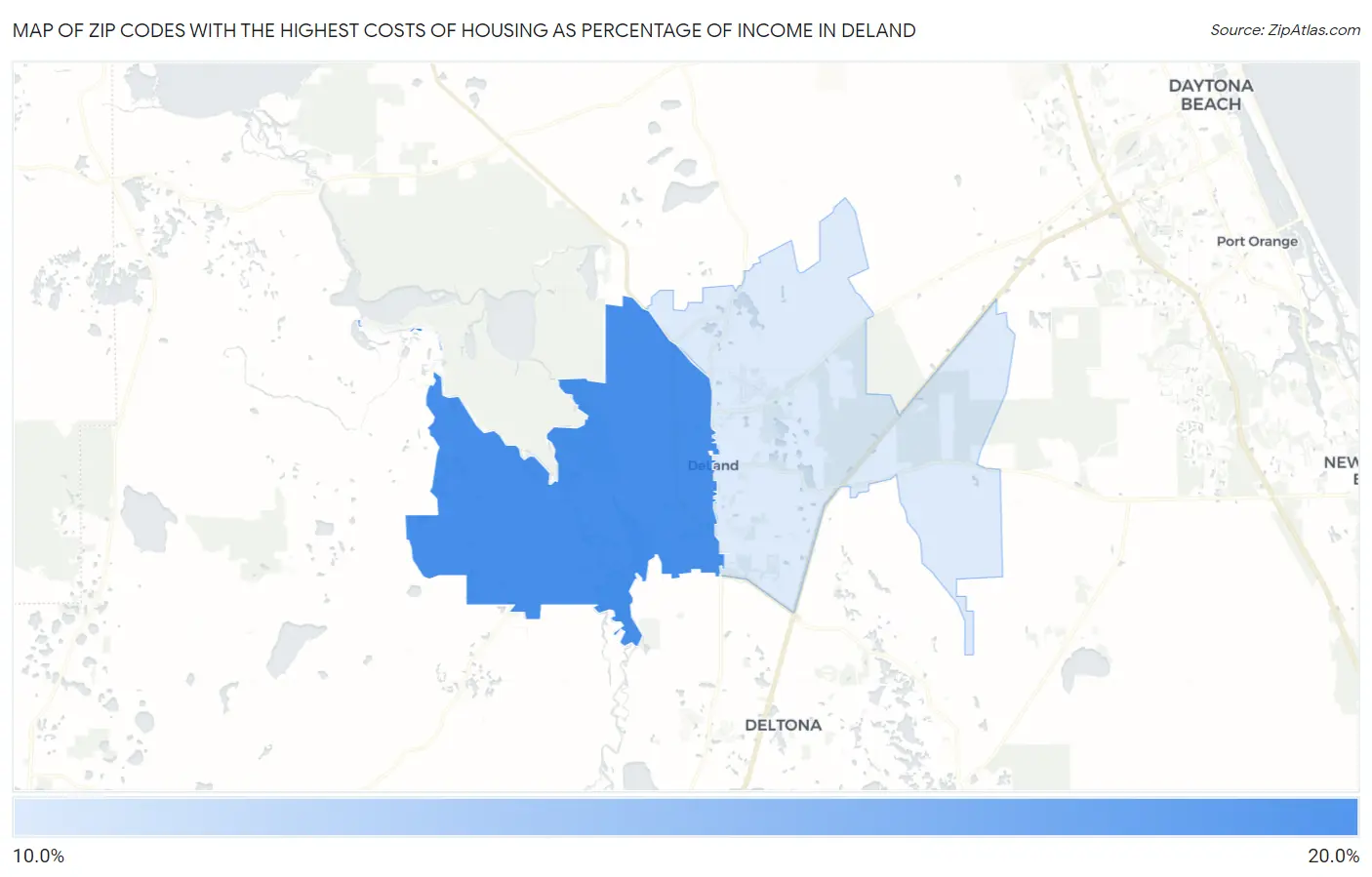 Zip Codes with the Highest Costs of Housing as Percentage of Income in Deland Map