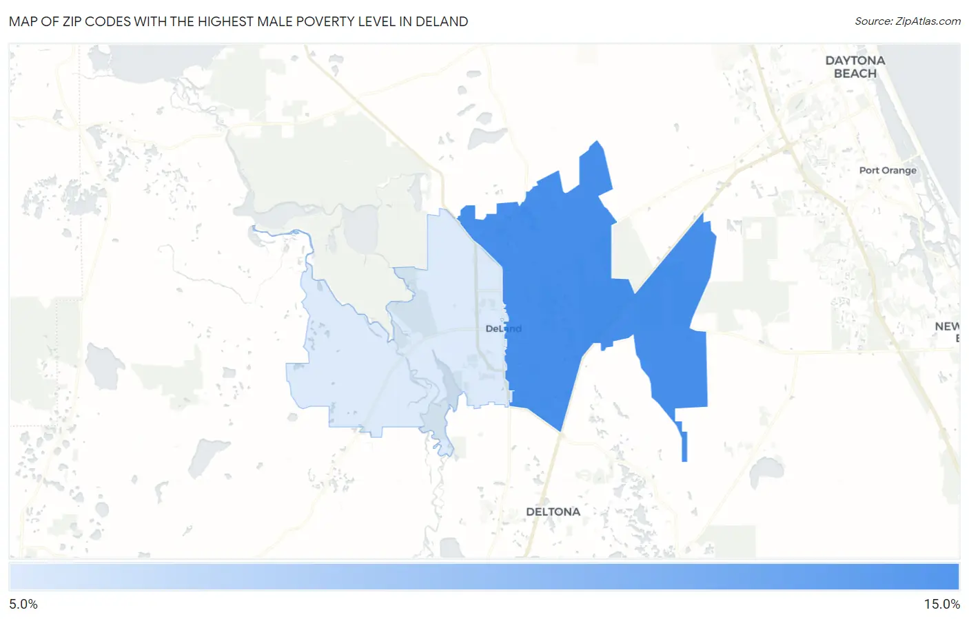 Zip Codes with the Highest Male Poverty Level in Deland Map