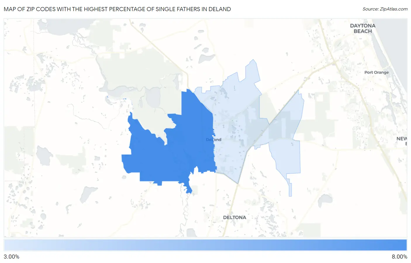 Zip Codes with the Highest Percentage of Single Fathers in Deland Map