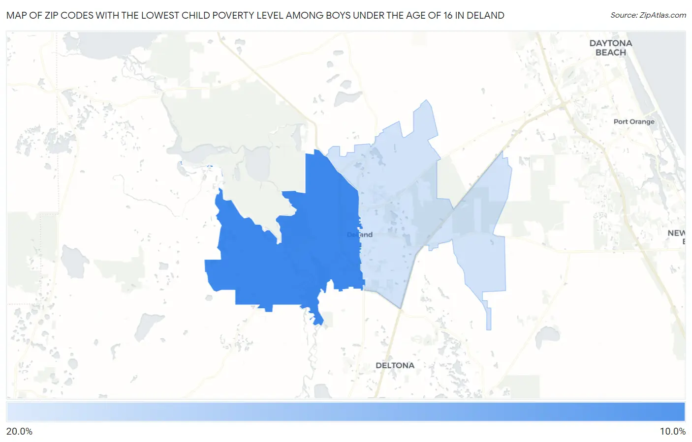 Zip Codes with the Lowest Child Poverty Level Among Boys Under the Age of 16 in Deland Map