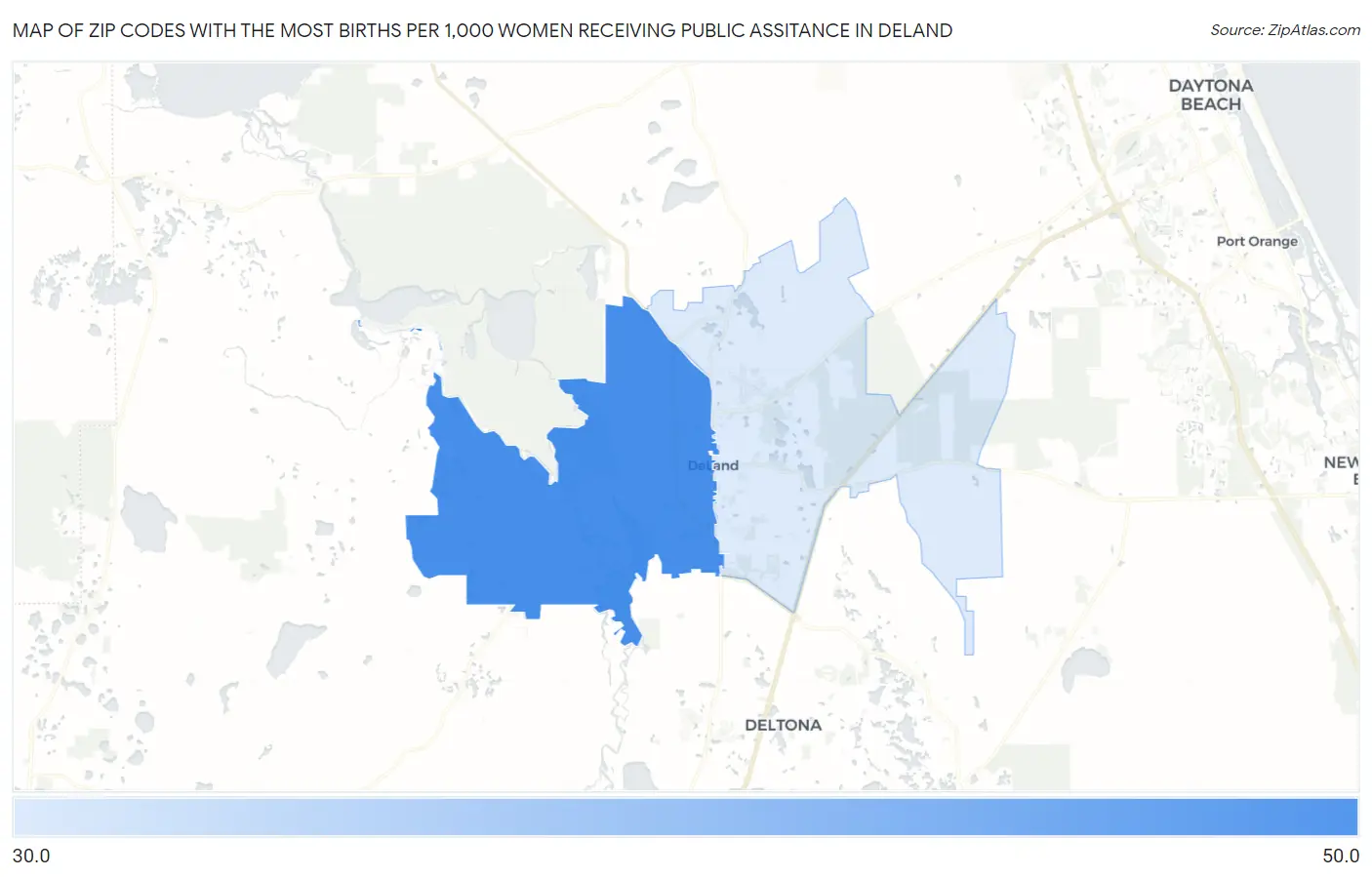Zip Codes with the Most Births per 1,000 Women Receiving Public Assitance in Deland Map