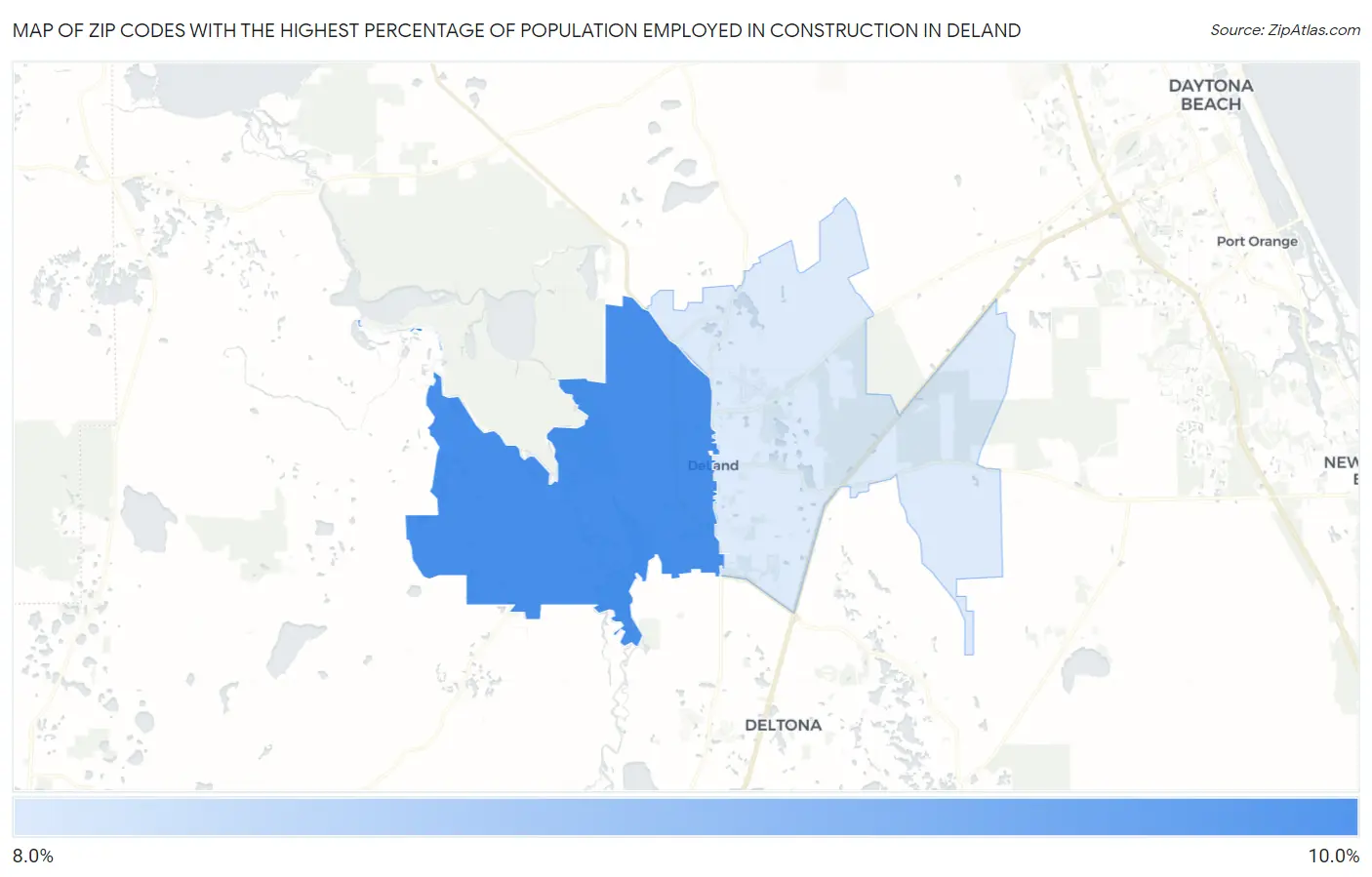 Zip Codes with the Highest Percentage of Population Employed in Construction in Deland Map
