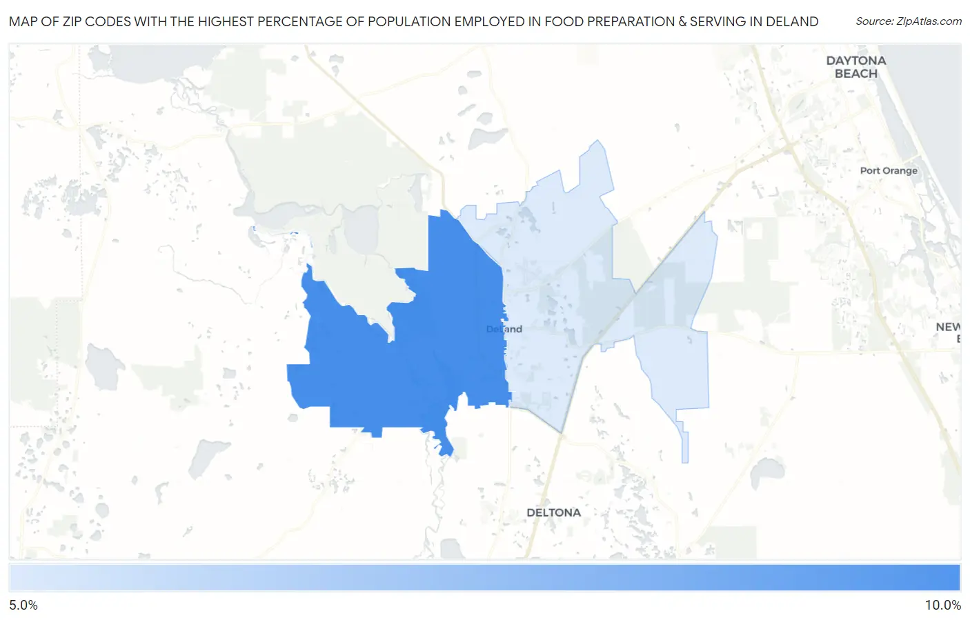 Zip Codes with the Highest Percentage of Population Employed in Food Preparation & Serving in Deland Map