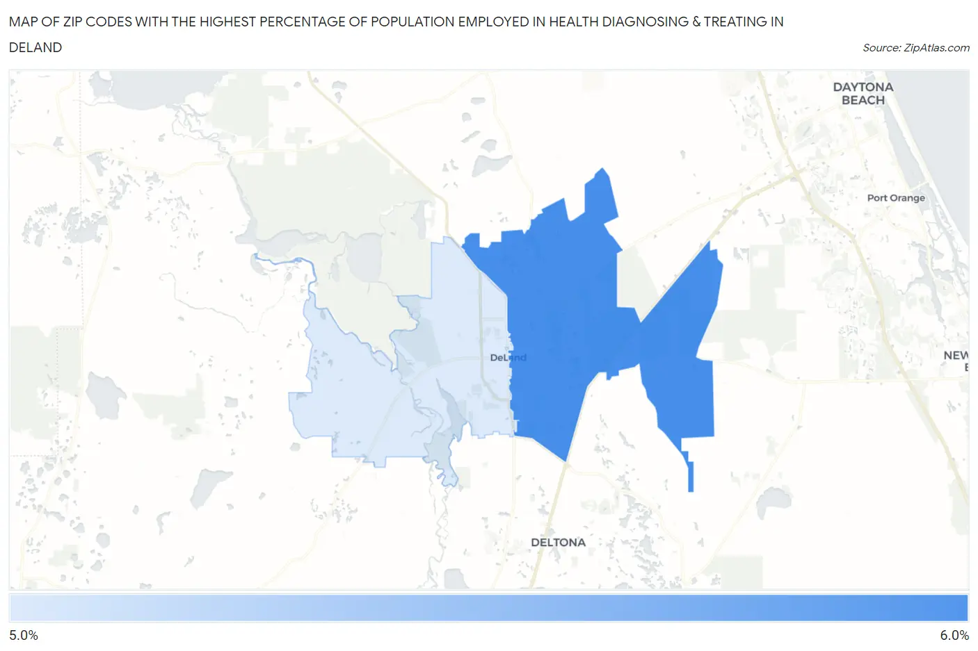 Zip Codes with the Highest Percentage of Population Employed in Health Diagnosing & Treating in Deland Map