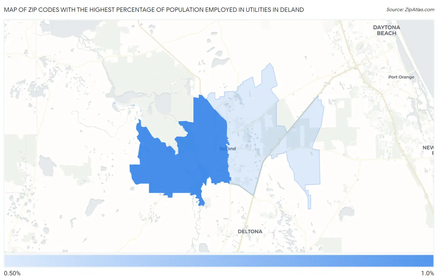 Zip Codes with the Highest Percentage of Population Employed in Utilities in Deland Map