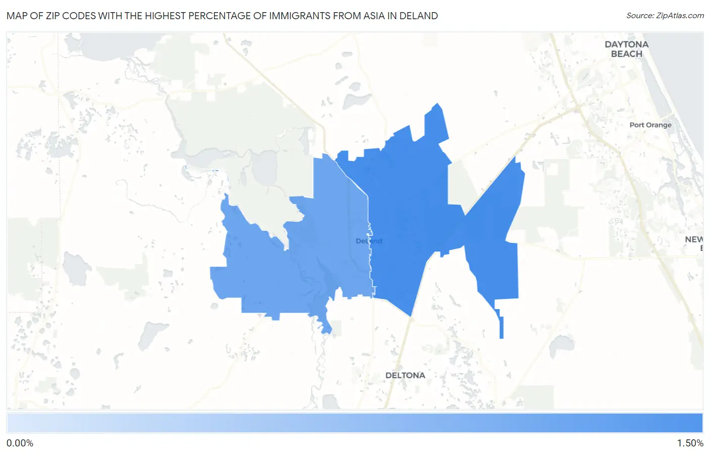 Zip Codes with the Highest Percentage of Immigrants from Asia in Deland Map