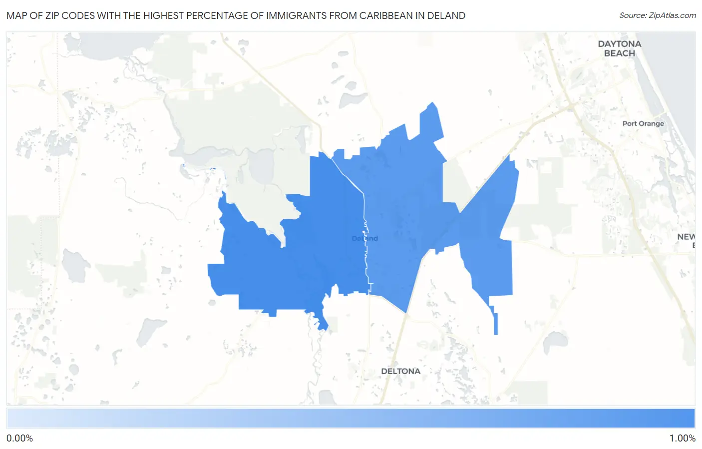 Zip Codes with the Highest Percentage of Immigrants from Caribbean in Deland Map
