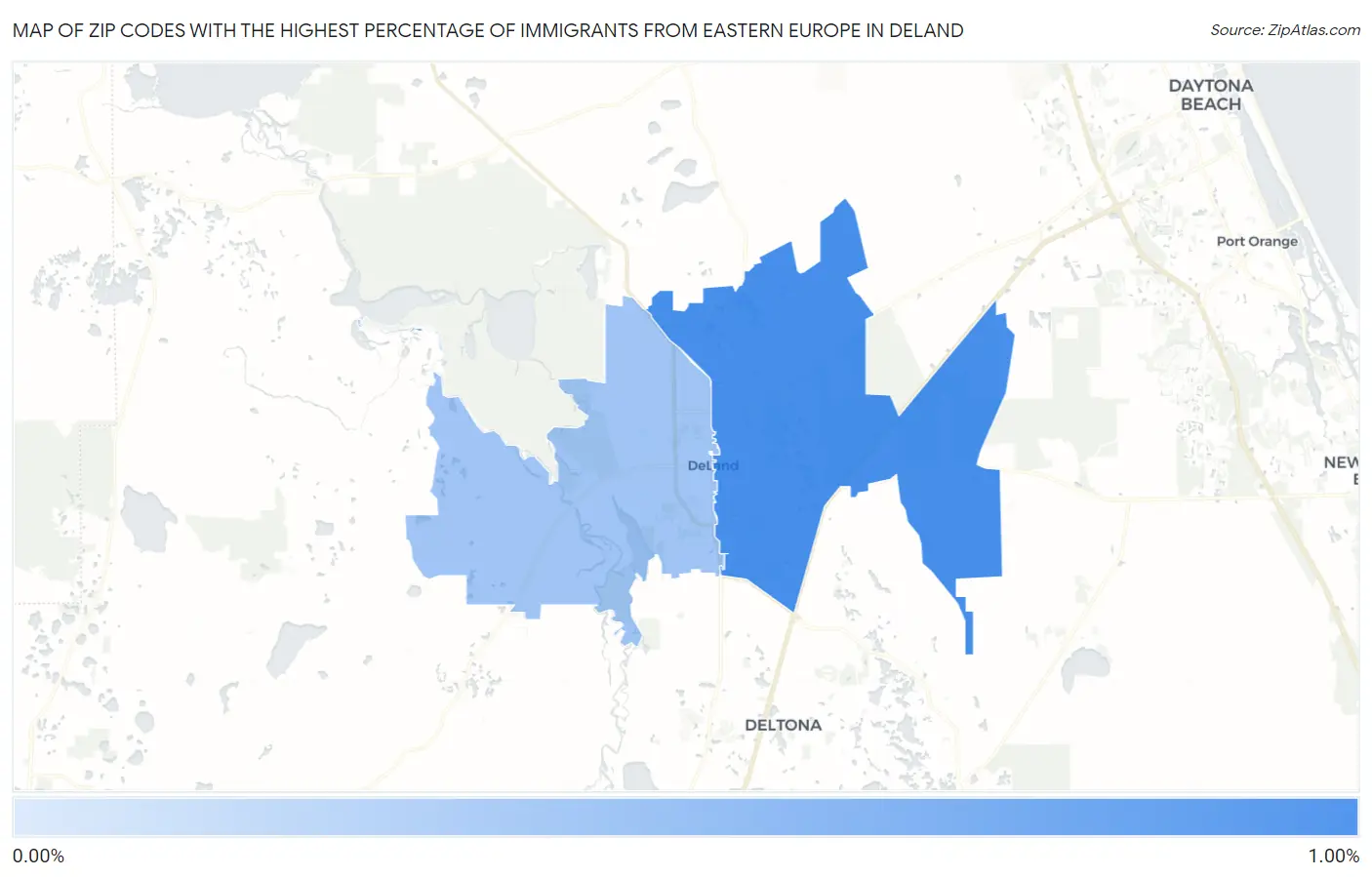 Zip Codes with the Highest Percentage of Immigrants from Eastern Europe in Deland Map