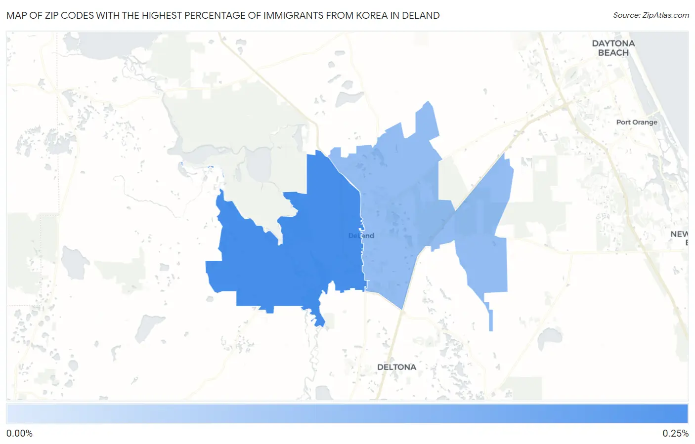 Zip Codes with the Highest Percentage of Immigrants from Korea in Deland Map