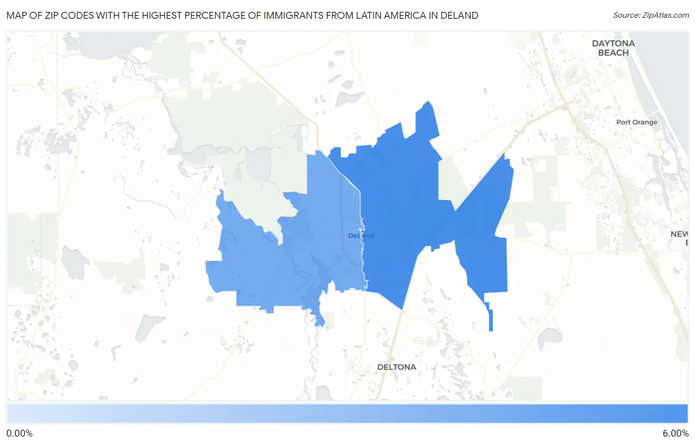 Zip Codes with the Highest Percentage of Immigrants from Latin America in Deland Map
